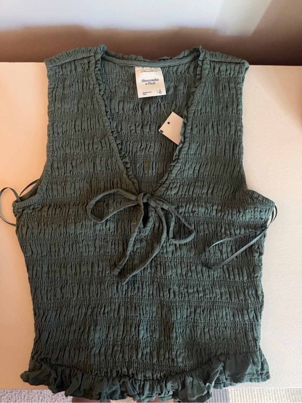 Abercrombie & Fitch Olive Green Smocked Tie-Front Tank